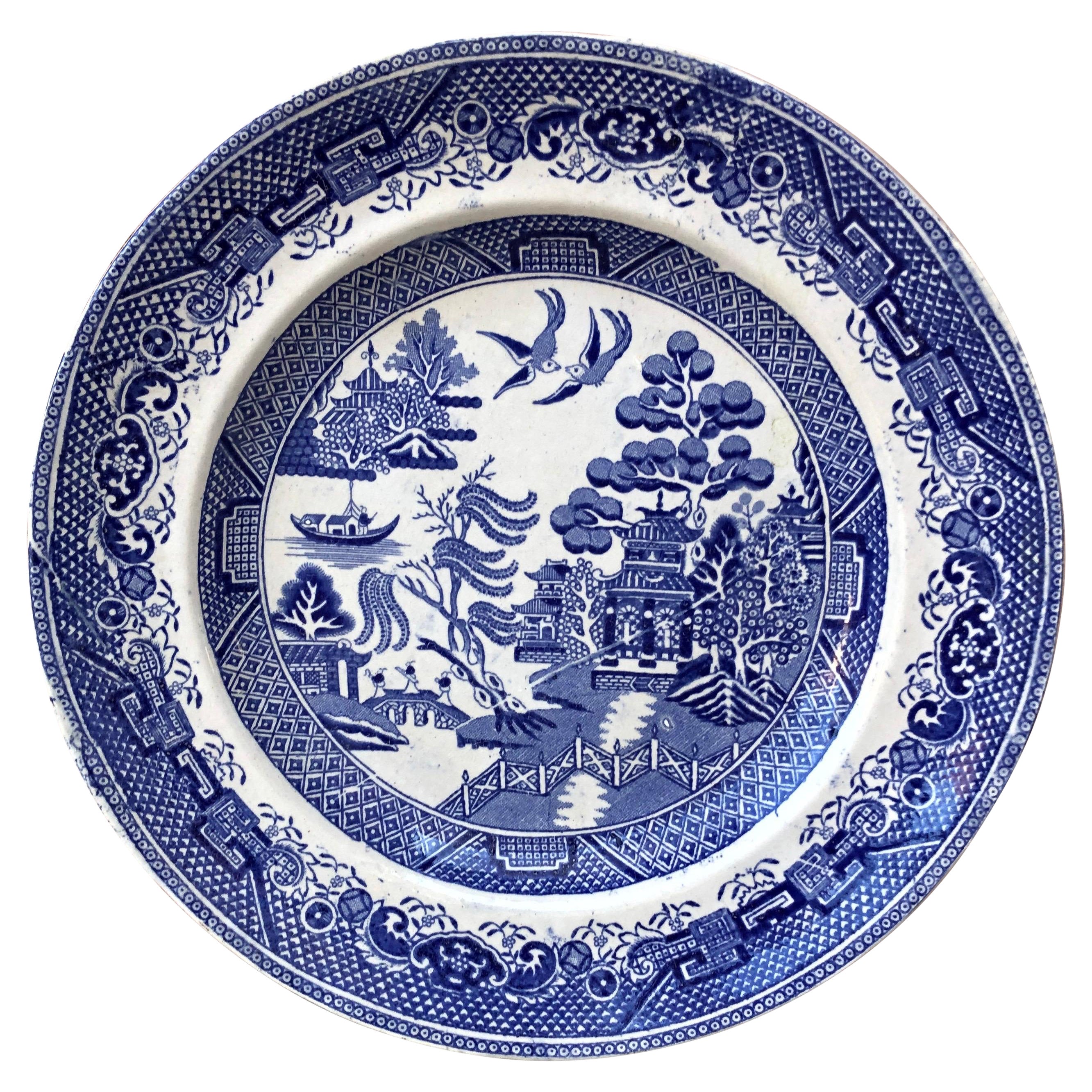 19th Century Blue & White English Willow Plate Staffordshire