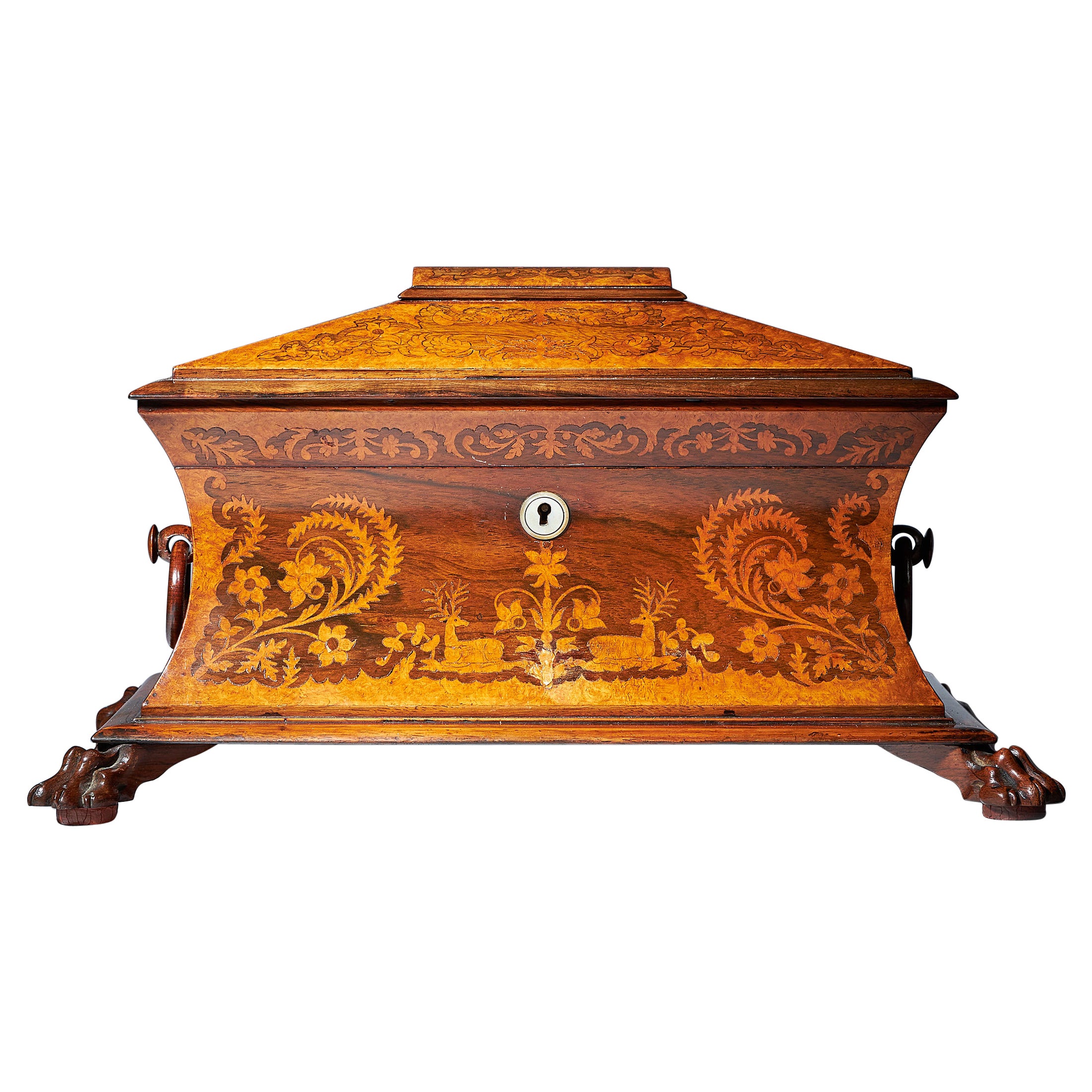 A fine and elegant Regancy George IV rosewood and amboyna wood marquetry sarcophagus tea caddy with carved solid rosewood lion paw feet and original fittings. 

Entirely decorated in marquetry of wild flora, the moulded caddy top of pyramid form