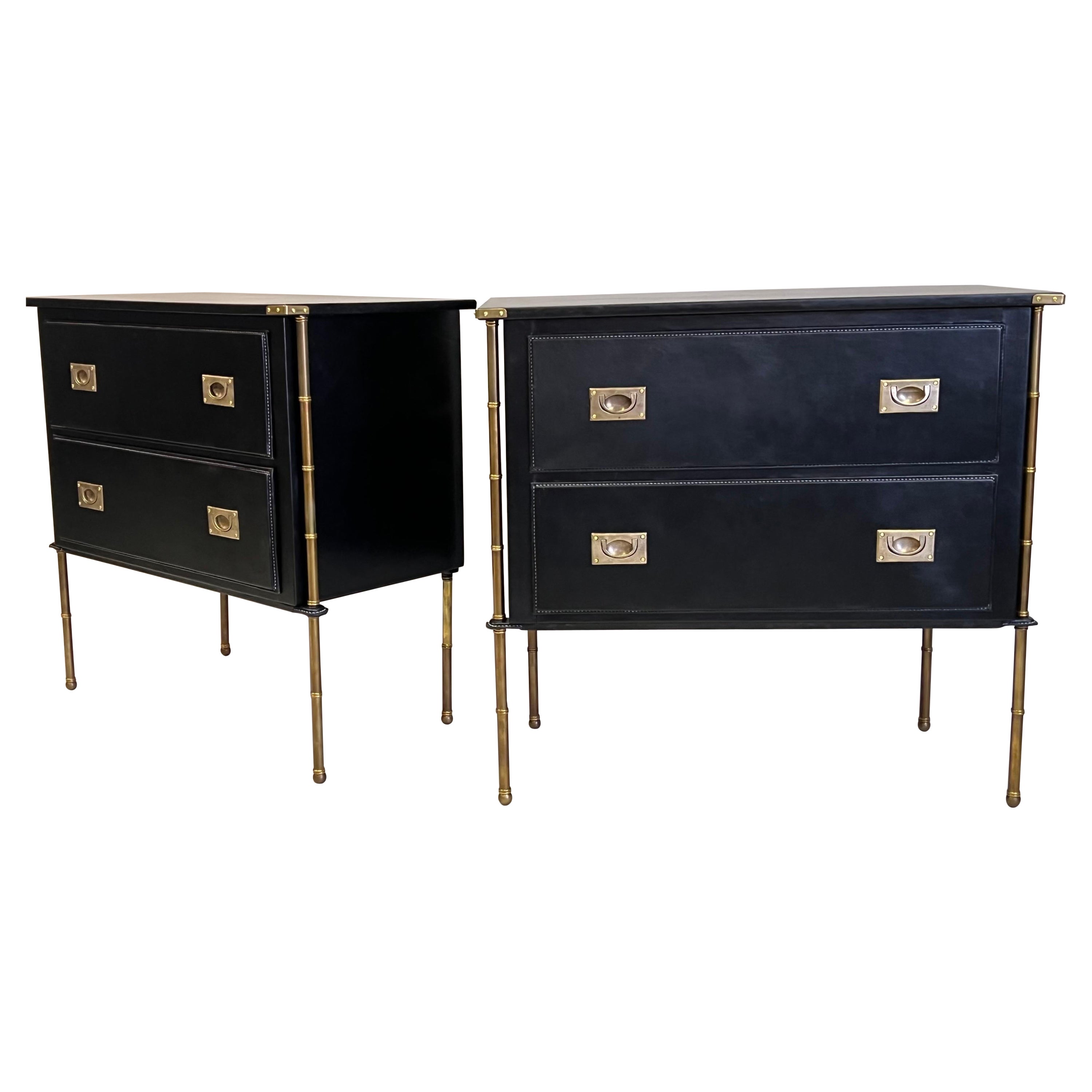 Pair French Hand Stitched Leather & Brass Faux Bamboo Commodes by Jacques Adnet