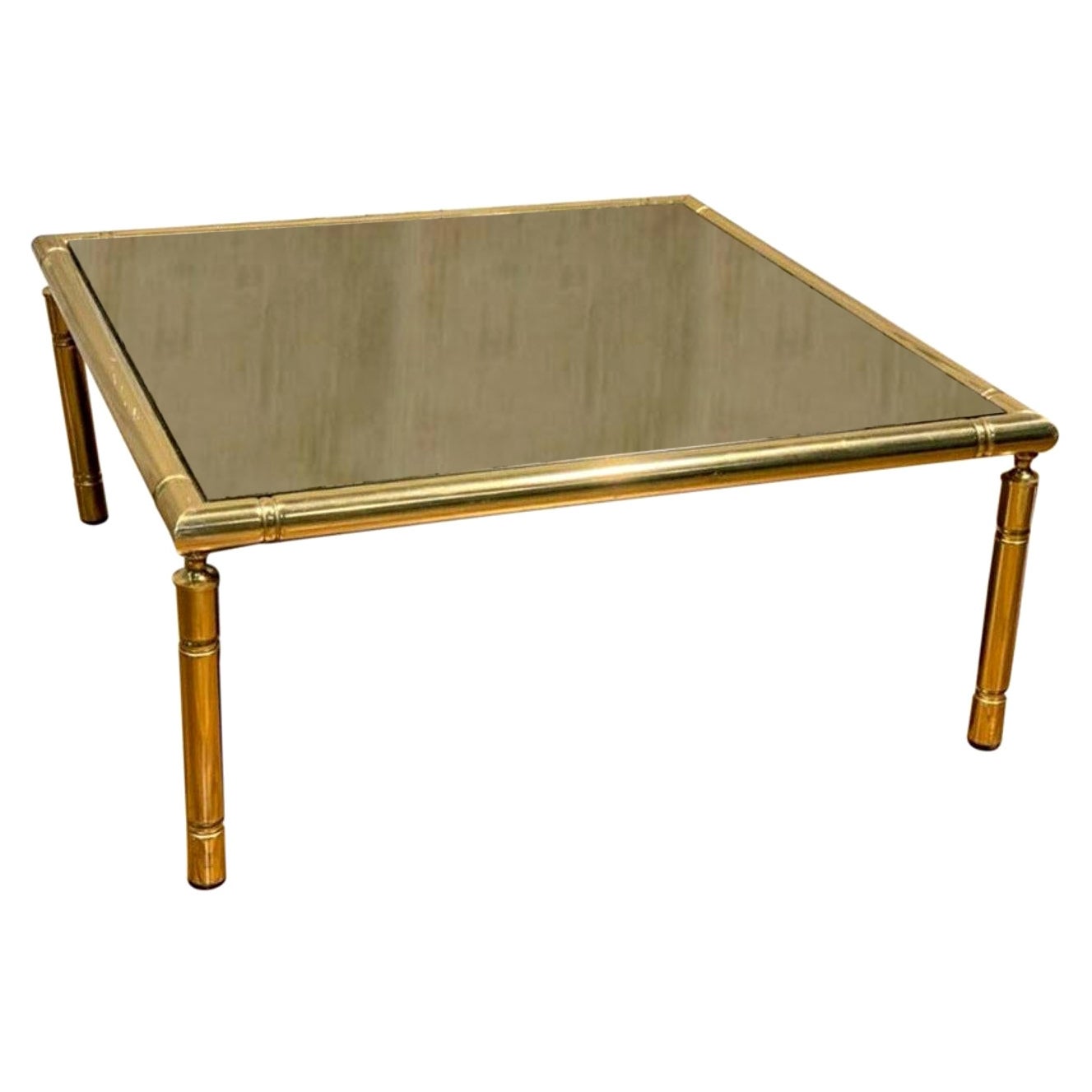 Mid-Century French Brass Smoked Glass Coffee Table For Sale