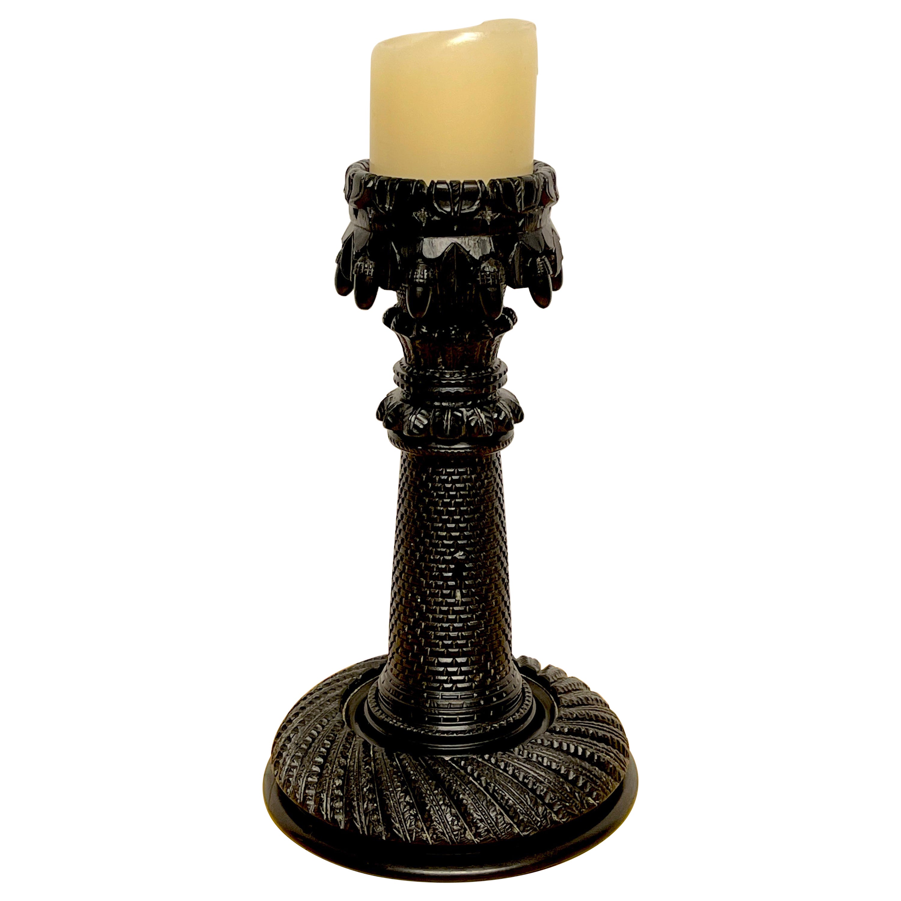 Exceptional 19th Century Irish Carved Bog Wood Castle Motif Candlestick  For Sale