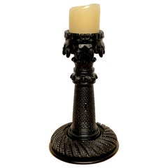 Exceptional 19th Century Irish Carved Bog Wood Castle Motif Candlestick 