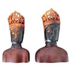 Pair of Chinese Ox Horn Buddha Head Bust with Openwork Crown