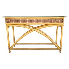 Boho Console Sofa Table Bamboo Leather Rattan & Glass with Display