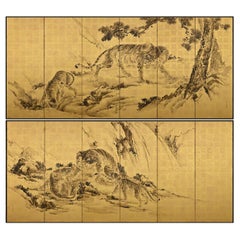 Antique Japanese Screen Pair, Tigers by Kishi Renzan, Late Edo Period