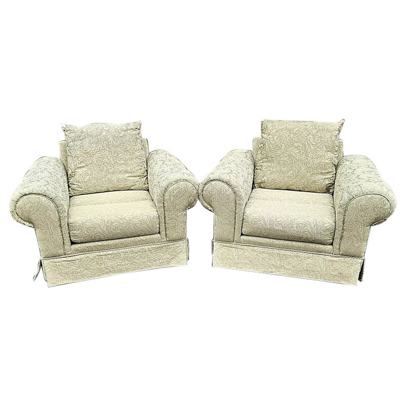 Tufted Roll Arm Damask Lounge Club Chairs  For Sale