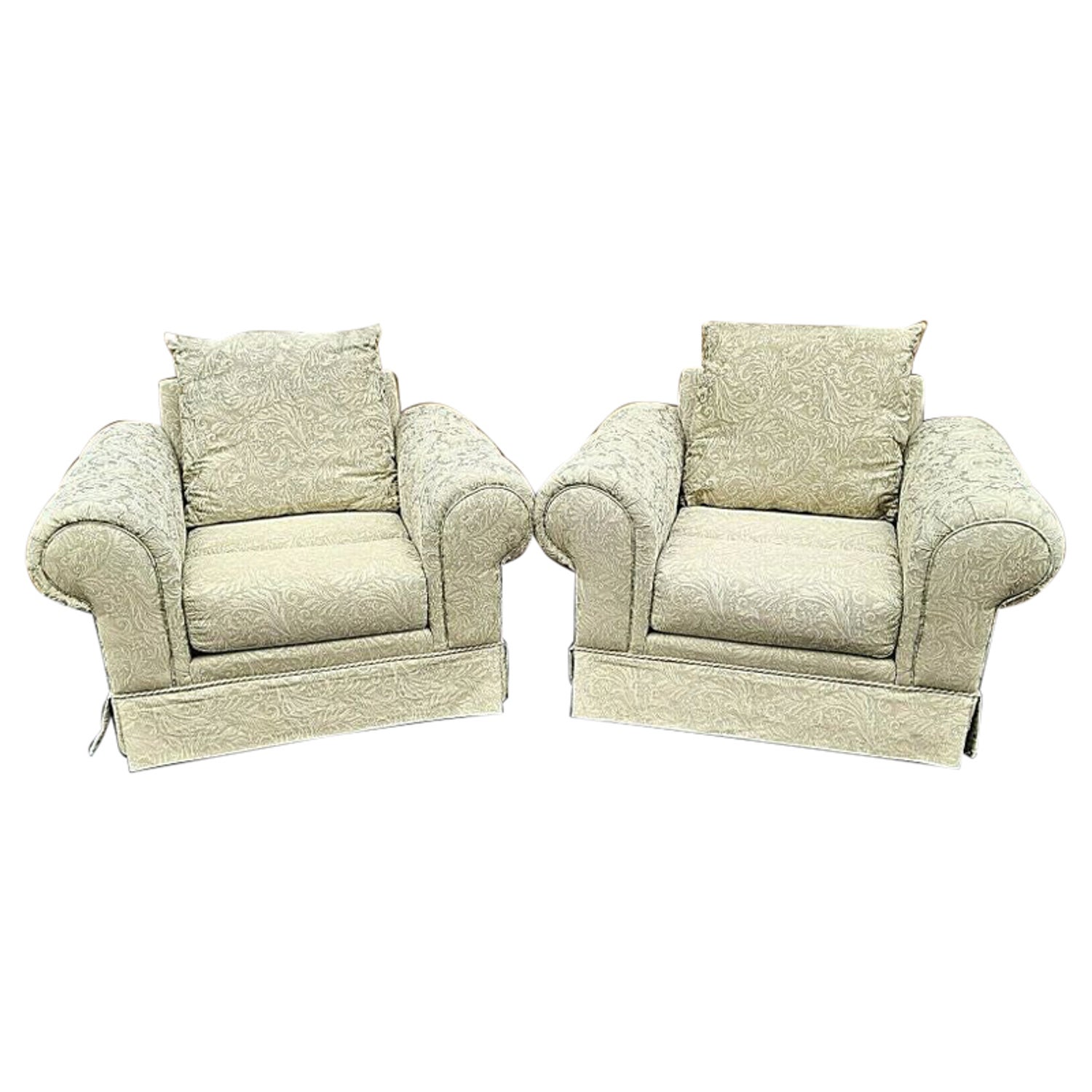 Tufted Roll Arm Damask Lounge Club Chairs by Barclay For Sale at 1stDibs