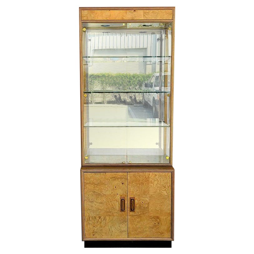 70's Milo Baughman Style Henredon Scene Two Olive Burl Display Cabinet For Sale