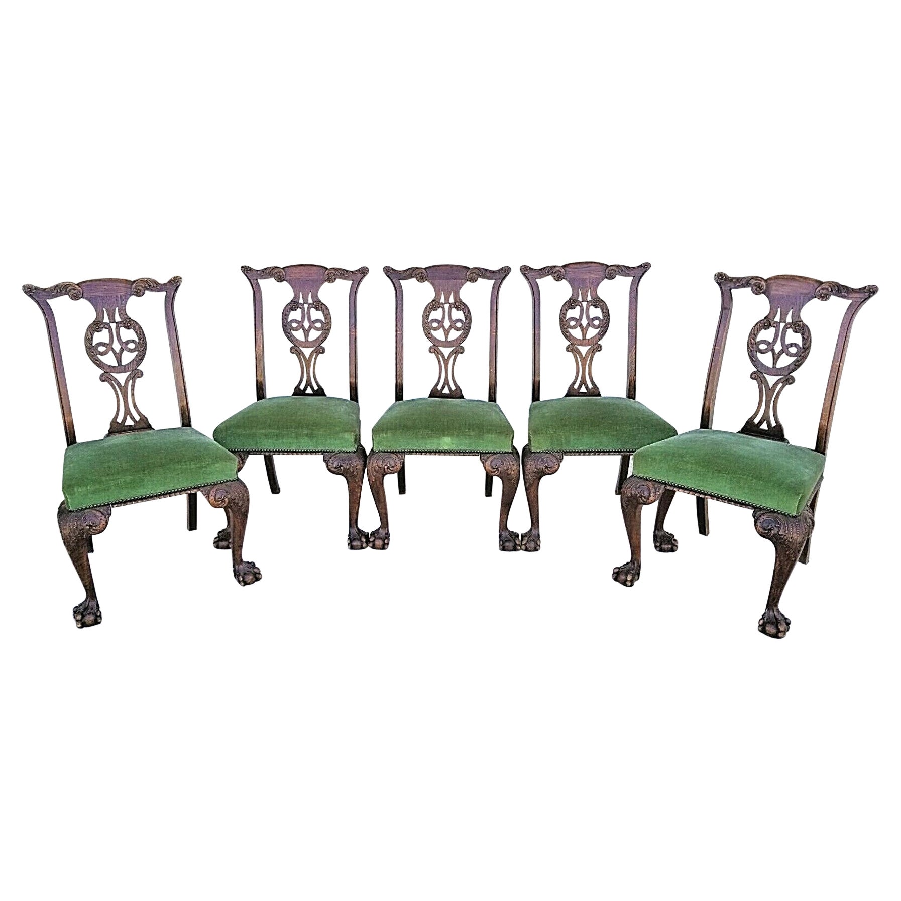 1800's English Oak Ball Claw Chippendale Dining Chairs Set of 5 For Sale