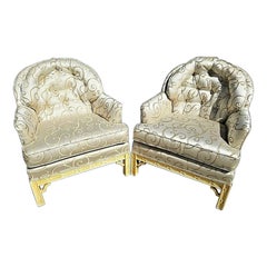 Vintage '2' Regency Asian Chinoiserie Style Tufted Club Chairs
