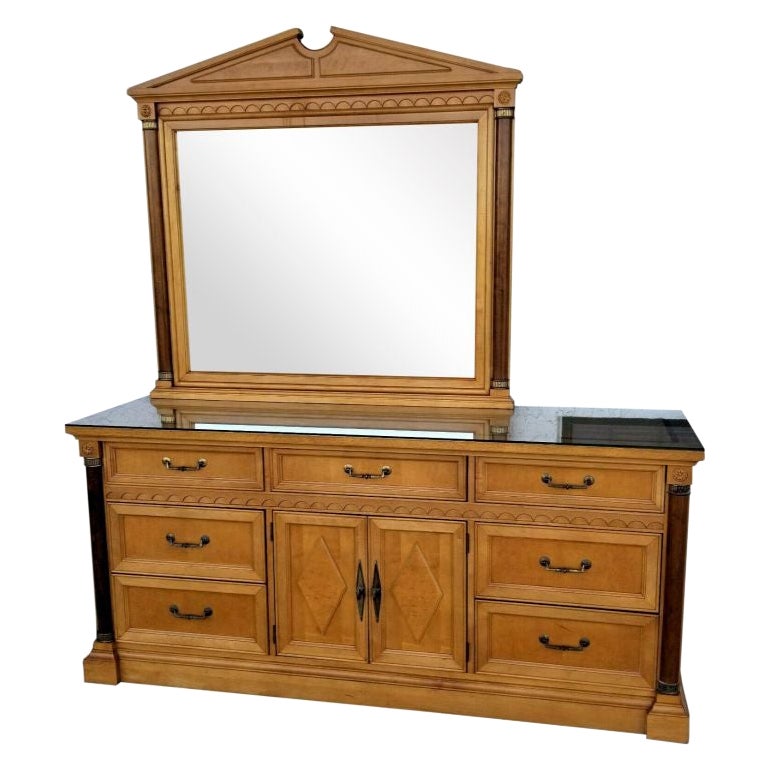 Vintage Dresser with Matching Mirror and Custom Glass Top by Stanley For Sale