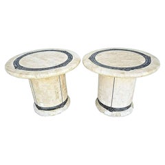 Maitland Smith Style Tessellated Fossil Stone Inlaid Brass End Side Tables