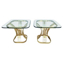 MCM Milo Baughman Style Sculptural Brass Glass End Side Tables, Set of 2