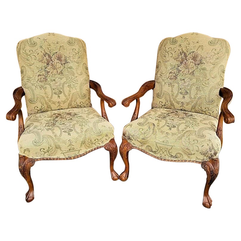 Chippendale Style Ball & Claw Tapestry Armchairs by Century Furniture - Set of 2 For Sale