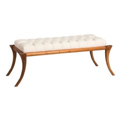 Vintage Saber Legs Walnut Wood Velvet Milk Color Bench Customizable Upholstery and Wood