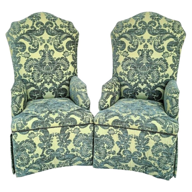 Velvet Damask French Dining Accent Chairs - A Pair