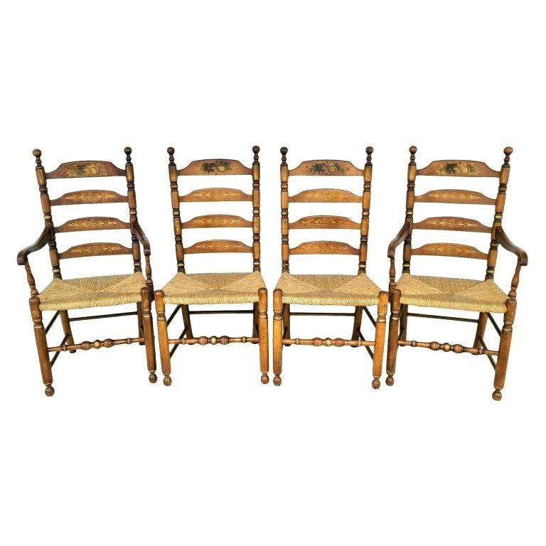 L Hitchcock Harvest Ladder Back Rush Seat Dining Chairs, Set of 4