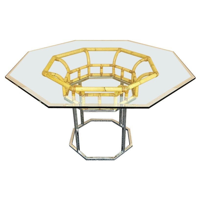 Milo Baughman Style Chrome Bamboo Glass Dining Table