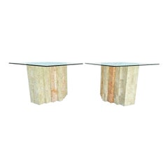 Maitland Smith Style 2 Tone Tessellated Stone Brass Inlay Side End Tables