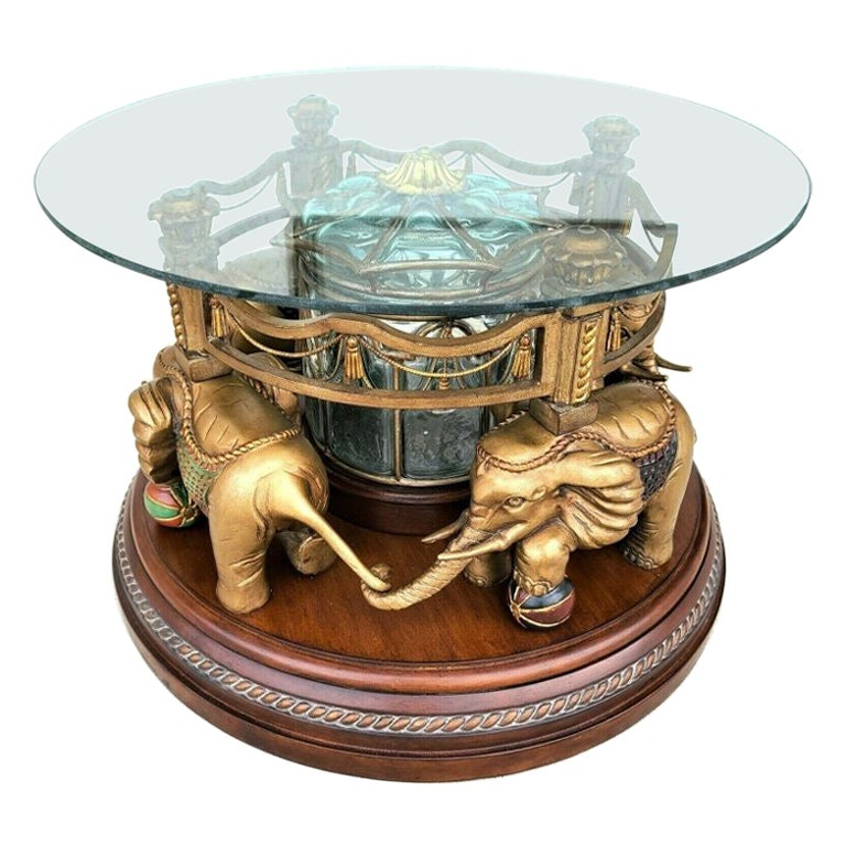 Maitland Smith Style Rotating Elephant Carousel Glass Top Coffee Cocktail Table