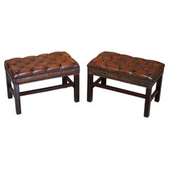 Pair of Restored Chesterfield Brown Leather Bench Footstool or Normal Stools