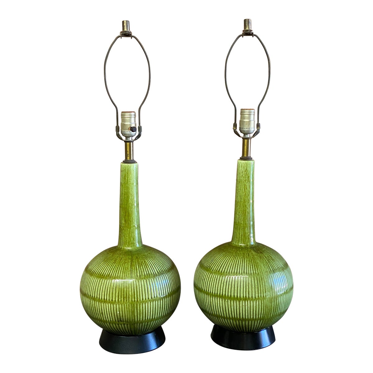 1960s Green Glaze Asian Inspired Ceramic Table Lamps, a Pair