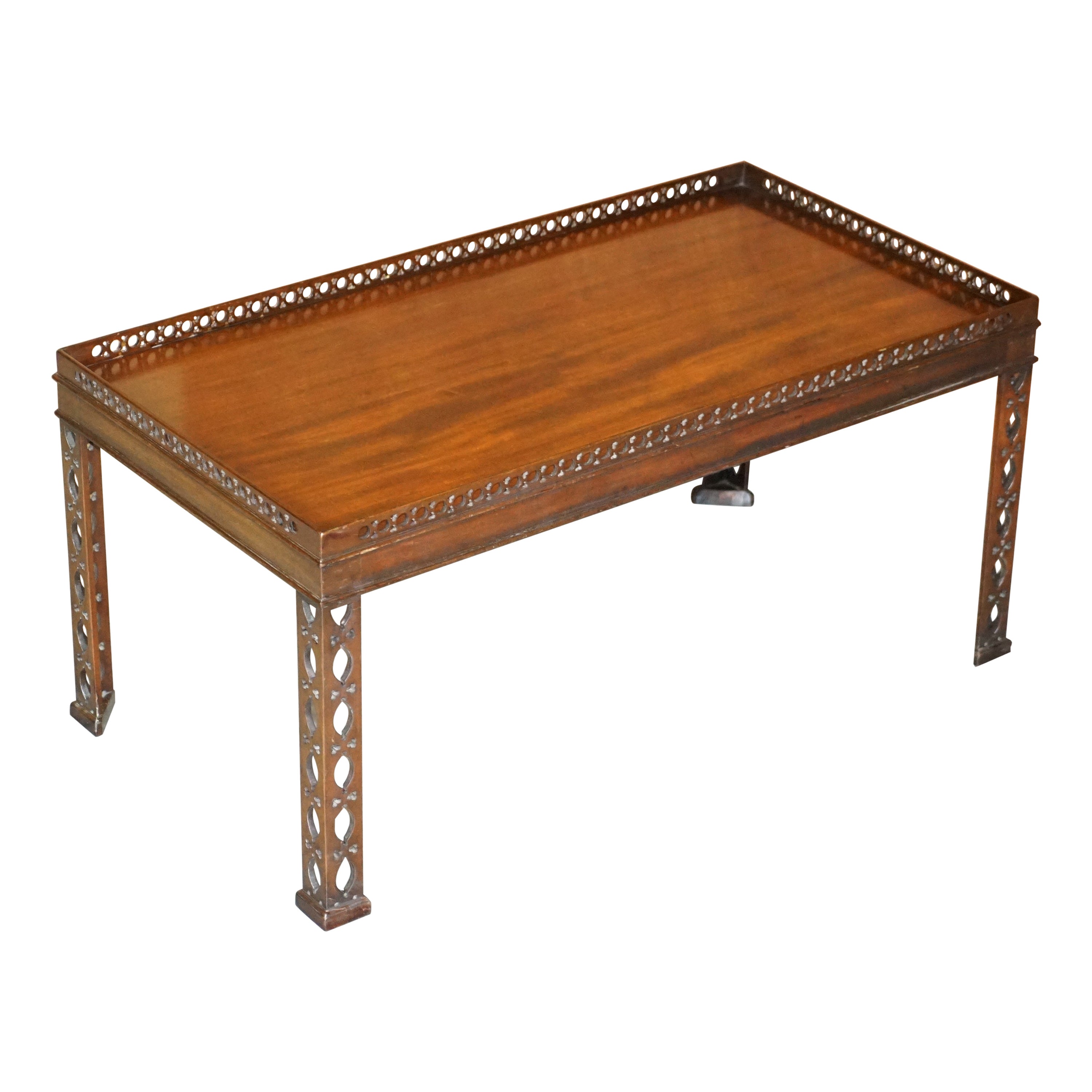 Restored Hardwood Chinese Chippendale Silver Tea Table Fret Work Carved, Coffee
