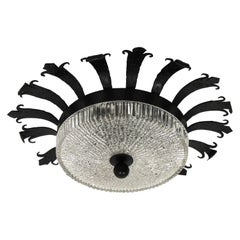 Sunburst Crown Light Fixture in Wrought Iron and Glass