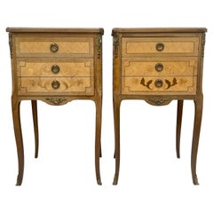 Early 20th Century French Marquetry Bedside Tables and Bronze Hardware, Set of 2