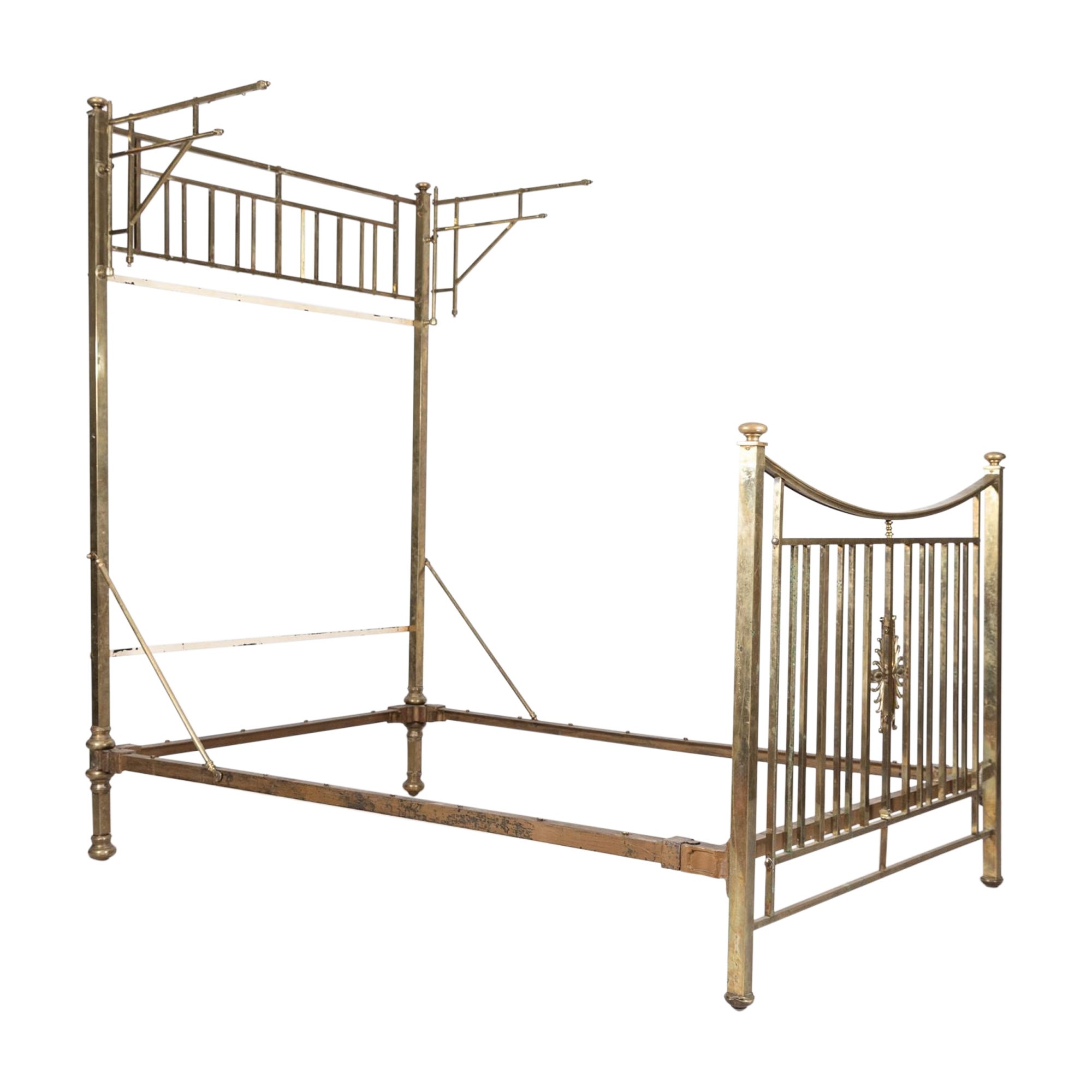 19th C English Half Tester Double Brass Bed Frame For Sale