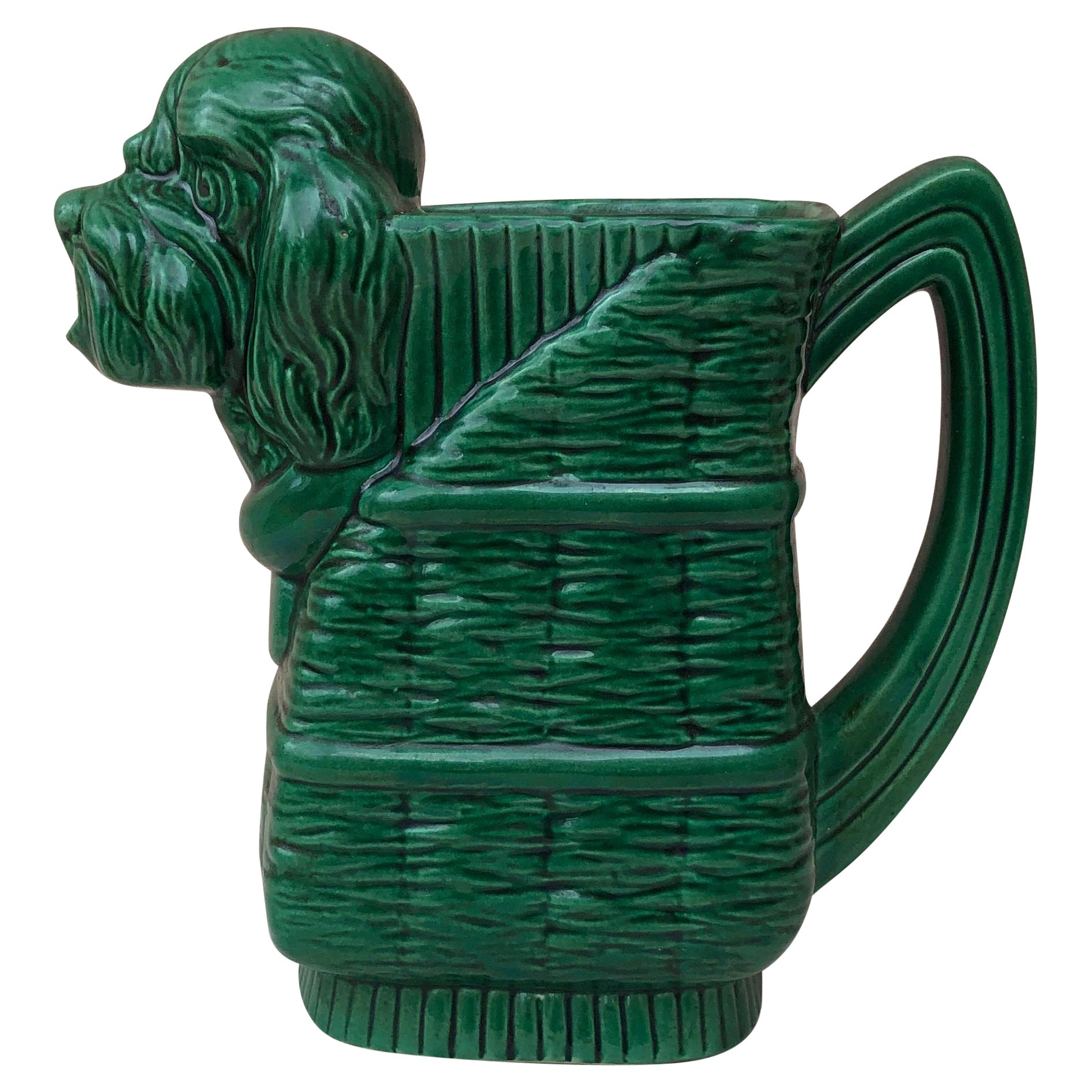 Green Majolica Dog Pitcher Saint Clement, Circa 1950 For Sale