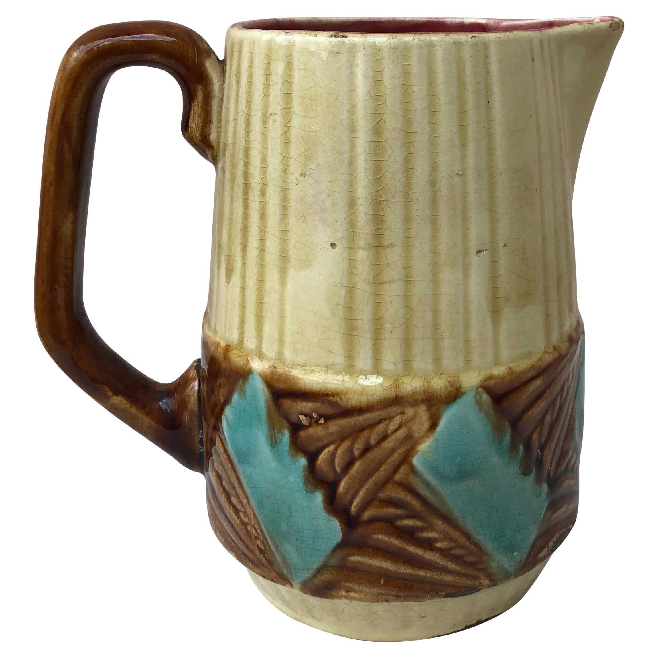 Large French Majolica Pitcher Orchies, Circa 1930 For Sale