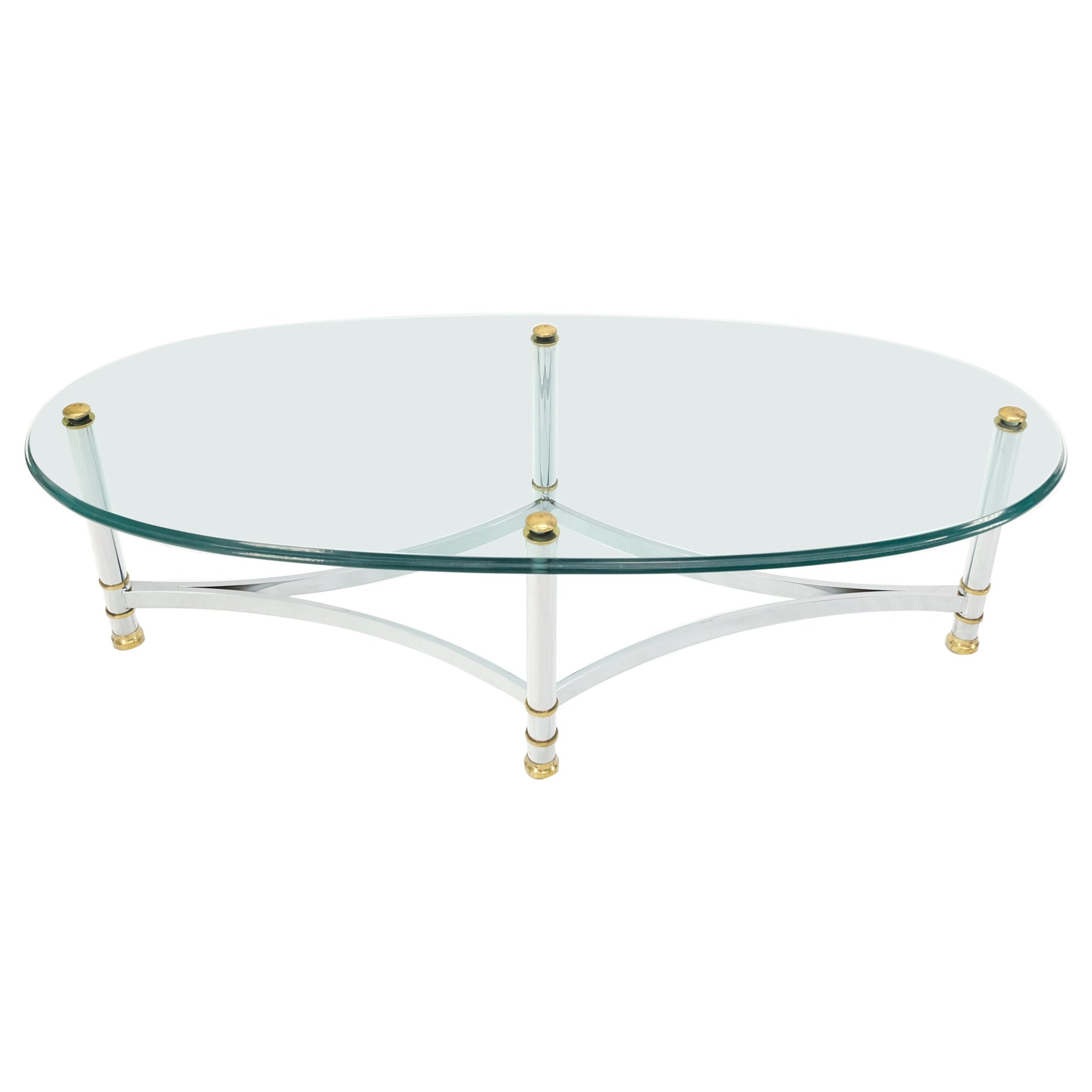 Brass Chrome Thick 3/4" Glass Top Mid Century Modern Oval Coffee Center Table For Sale