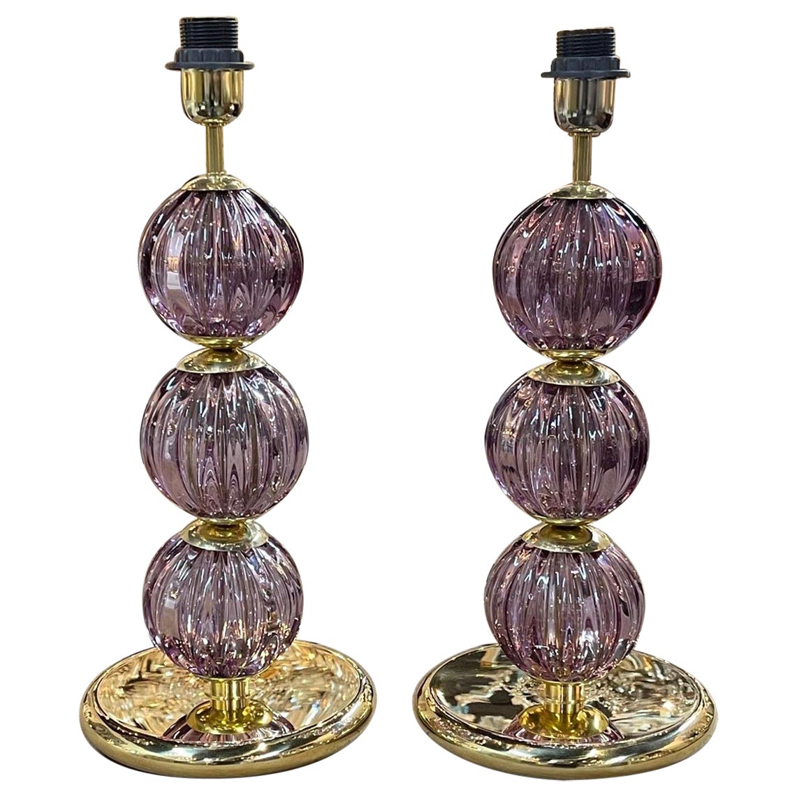 Pair of Purple Ball form Murano Glass and Brass Lamps For Sale