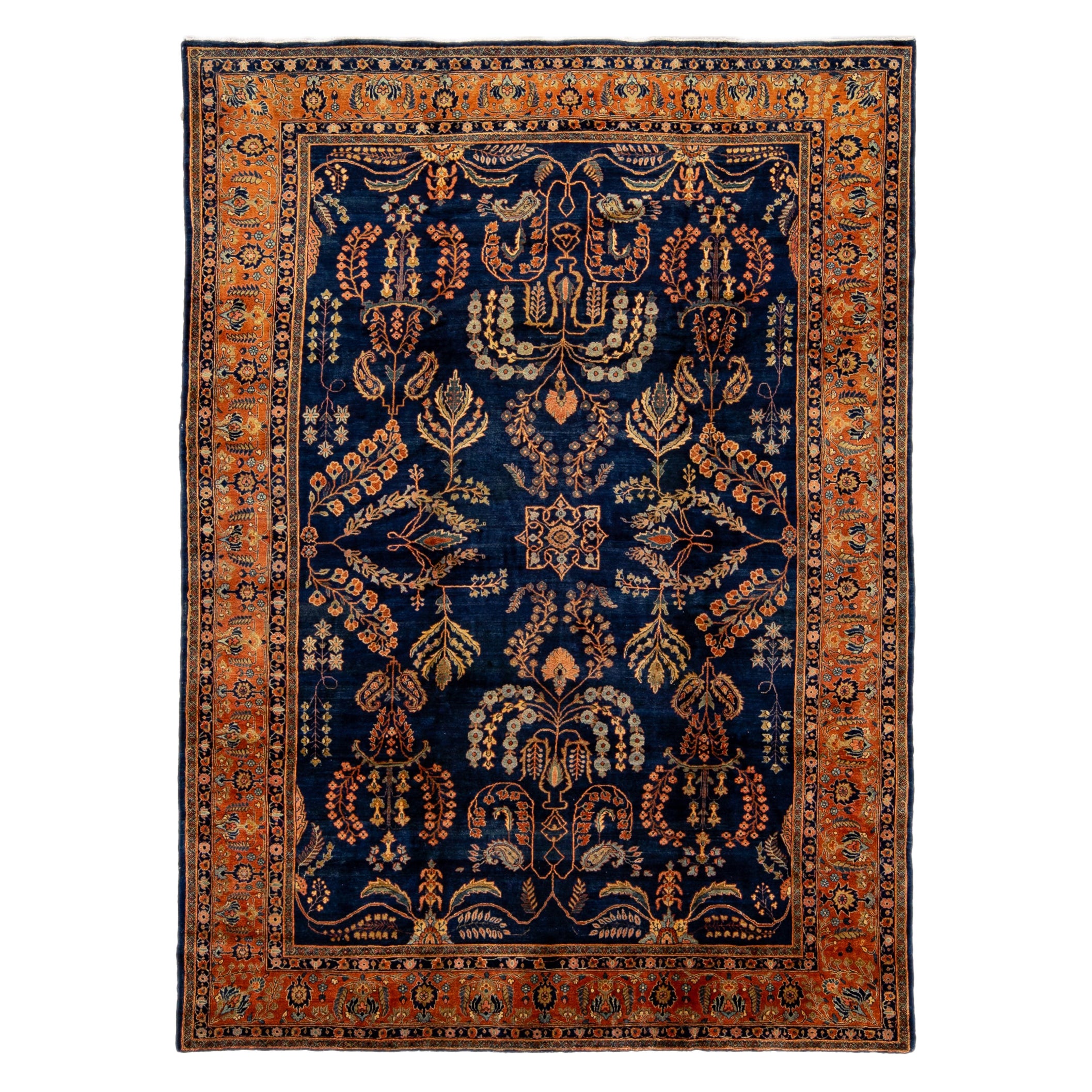 Antiker antiker persischer Sarouk Farahan handgefertigter Allover-Teppich aus marineblauer Wolle