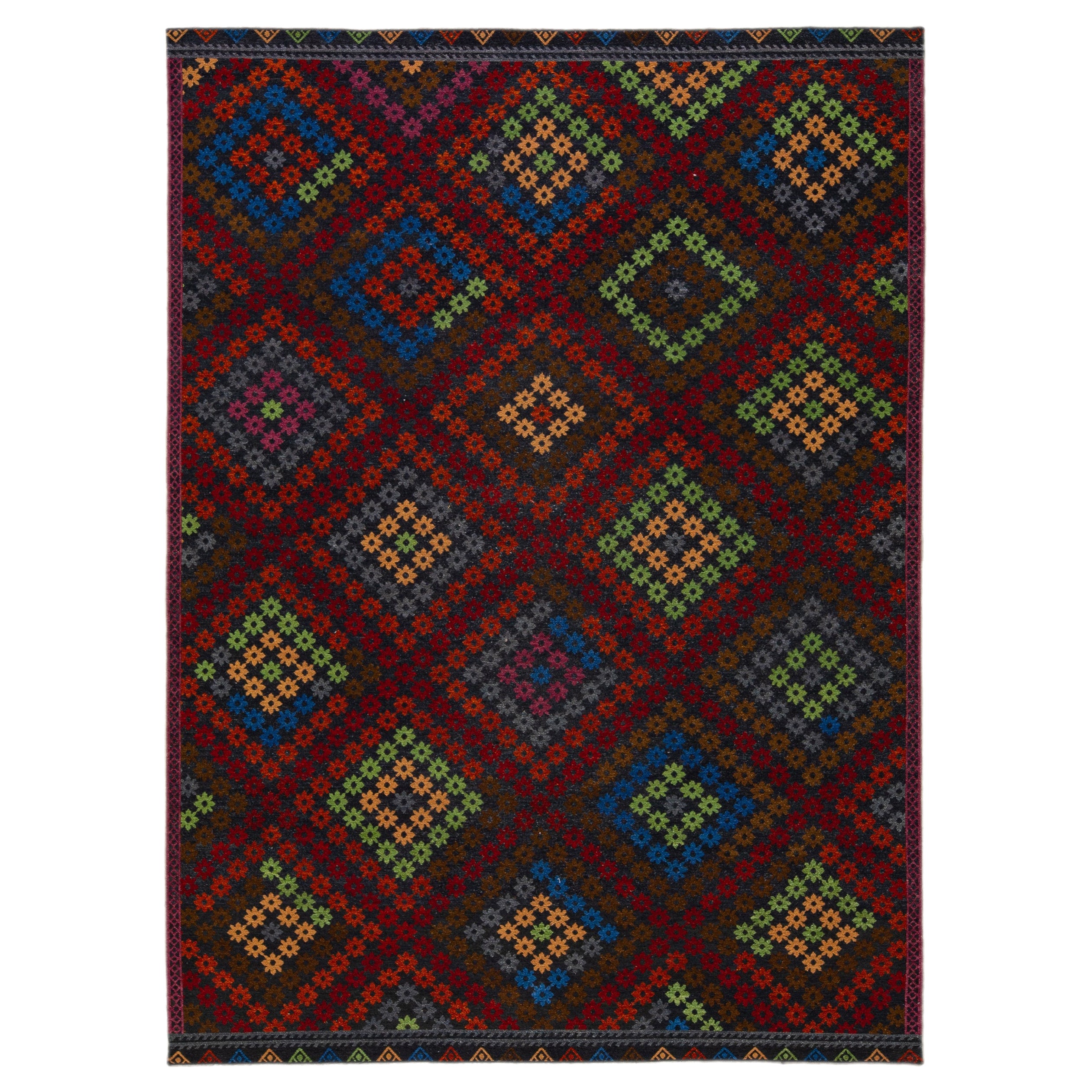 Mehrfarbiger moderner handgefertigter Soumak Wollteppich mit geometrischem Muster