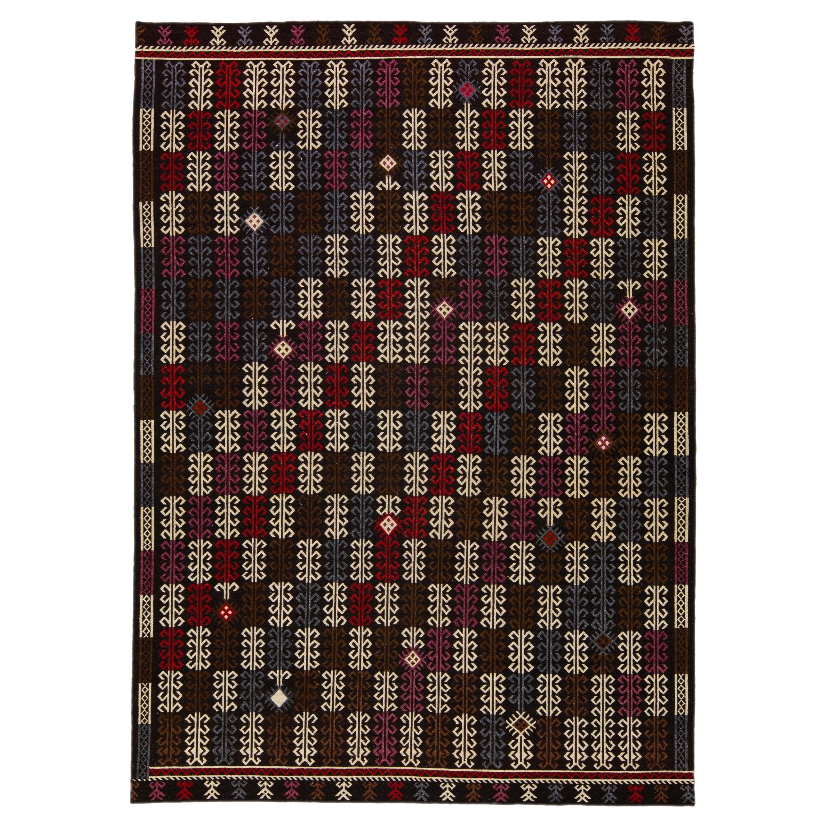 Modern Soumak Handmade Geometric Designed Brown Wool Rug For Sale