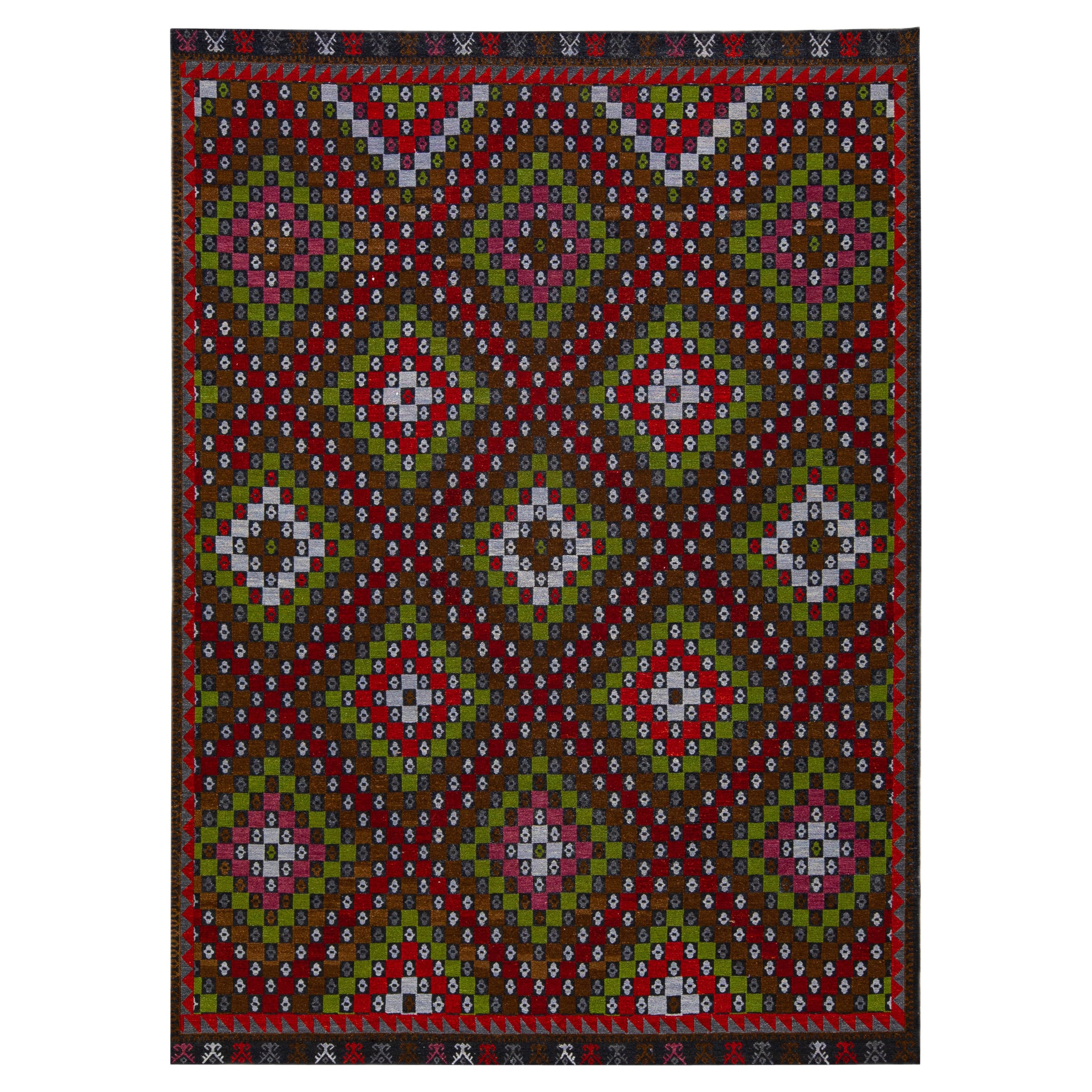 Brown Modern Soumak Handmade Multicolor Geometric Designed Wool Rug