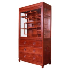 Chinese Mid-Century Carved Elmwood Glass Front Lighted Display Cabinet