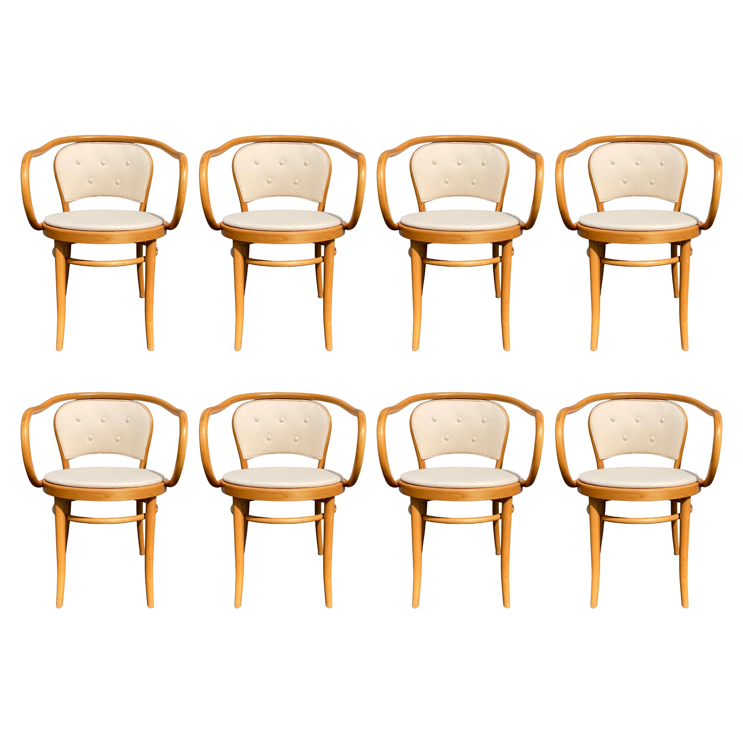 Set of Eight Thonet Dining Chairs 210, Knoll Fabric, Bentwood