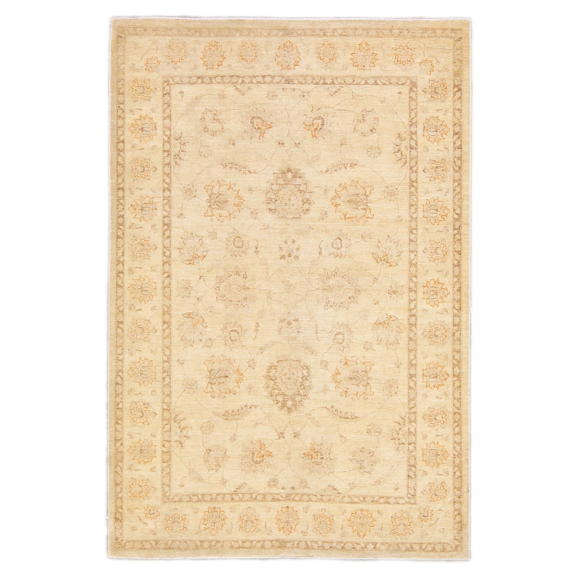 Beige Modern Oushak Handmade Floral Designed Wool Rug For Sale