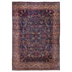 Blue Antique Kerman Handmade Multicolor Allover Designed Wool Rug