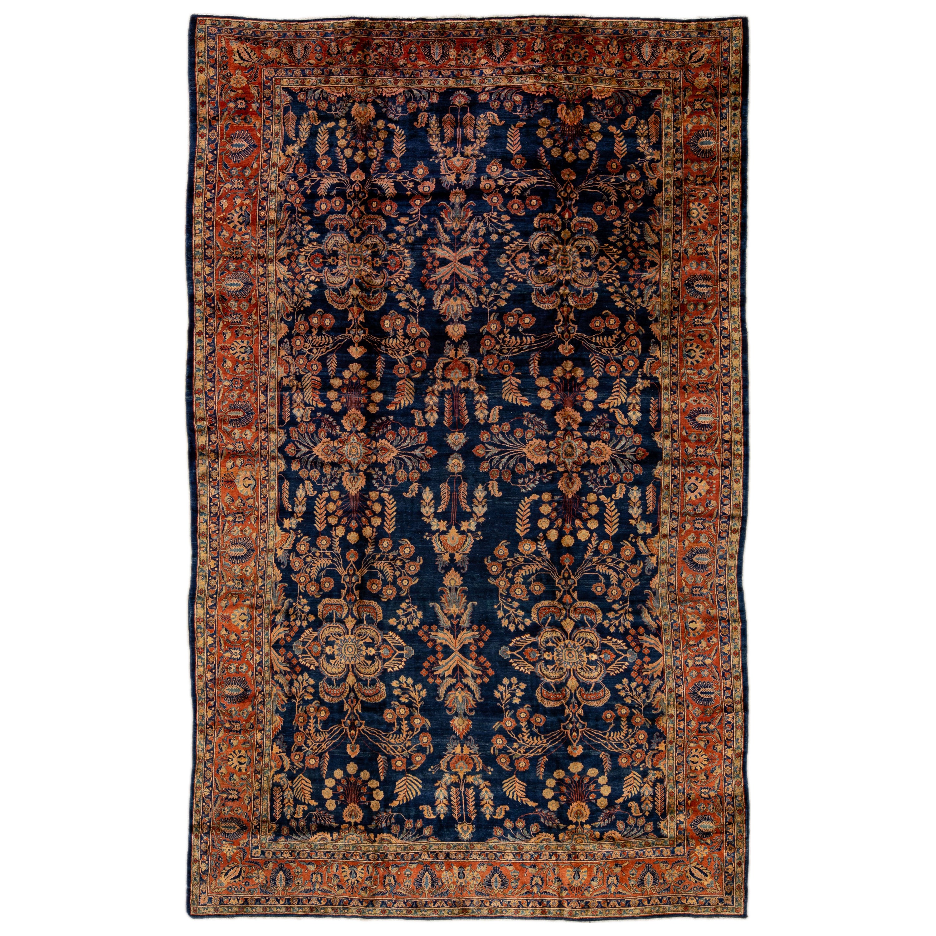 Tapis persan ancien Sarouk Farahan en laine bleu marine surdimensionné à motifs floraux fait à la main