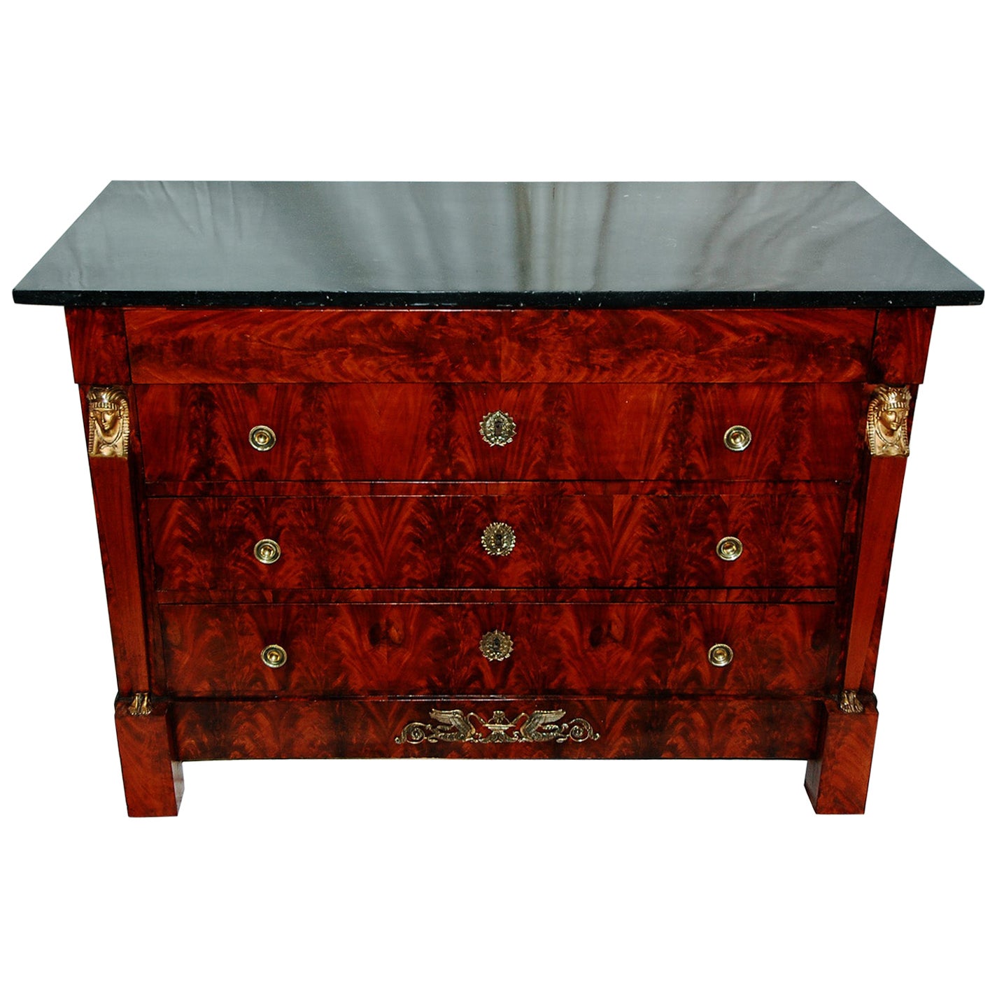 French Empire Period Flame Grain Mahogany Commode Chest with Black Marble Top For Sale