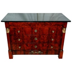 Antique French Empire Period Flame Grain Mahogany Commode Chest with Black Marble Top