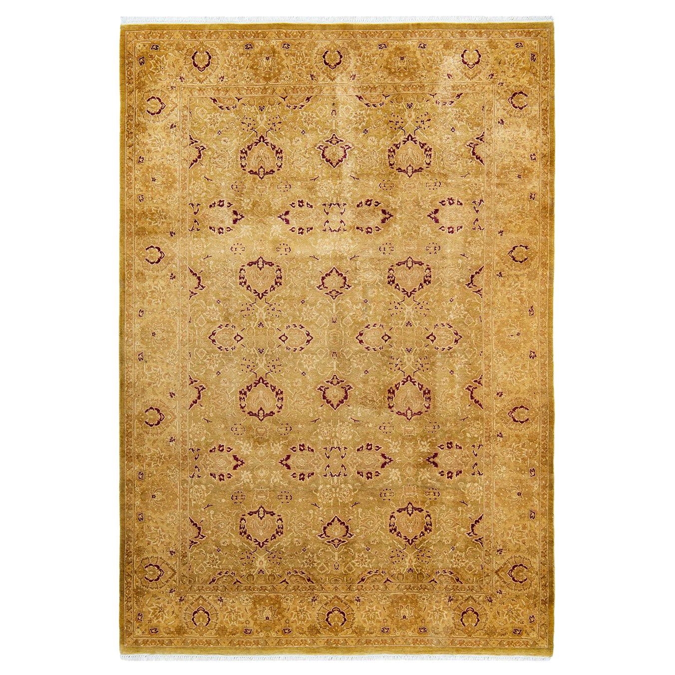 One-Of-A-Kind Hand Made Traditional Mogul Green Area Rug For Sale
