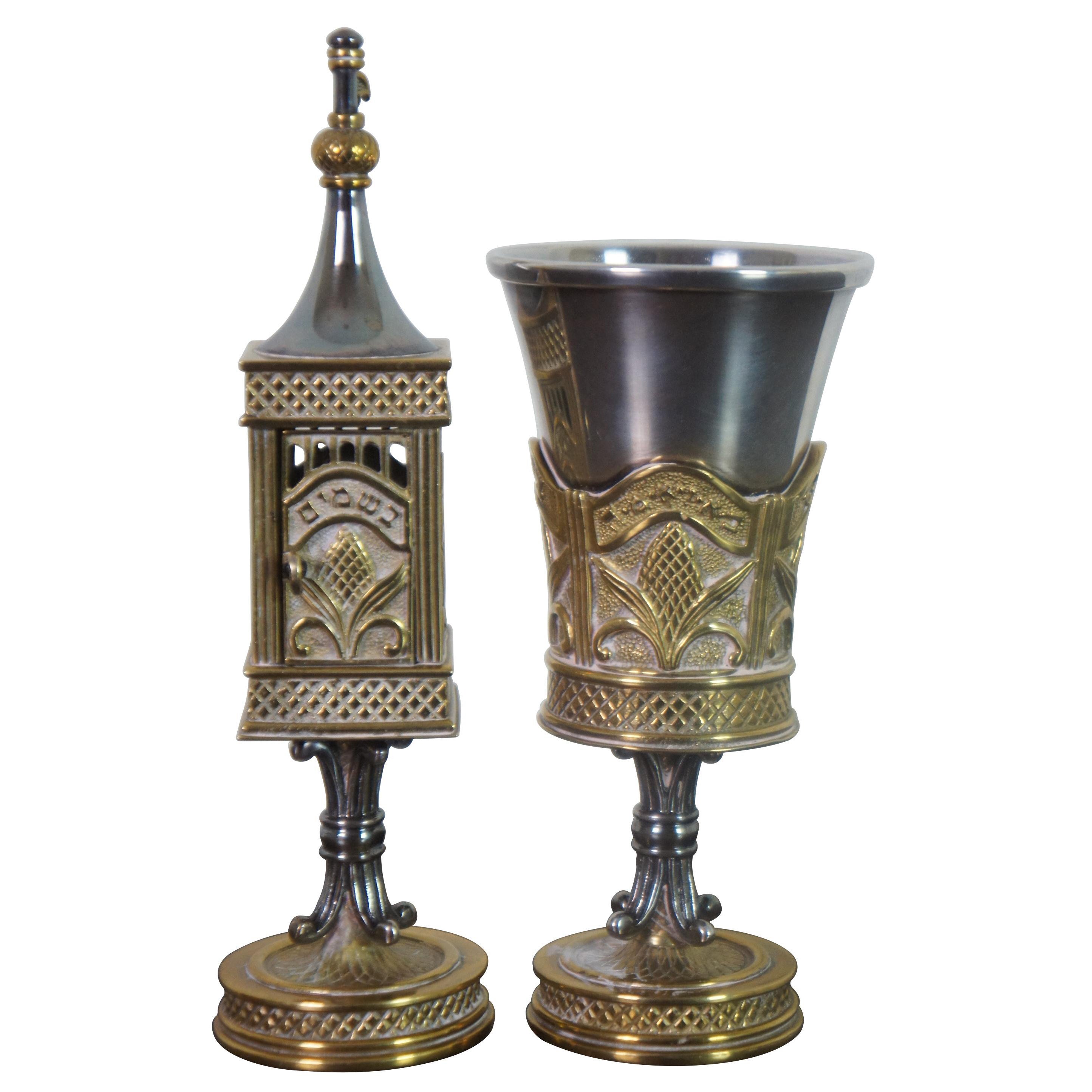2pc Dudik Swed Masters Silver & Brass Havdalah Spice Tower Goblet Candlesticks