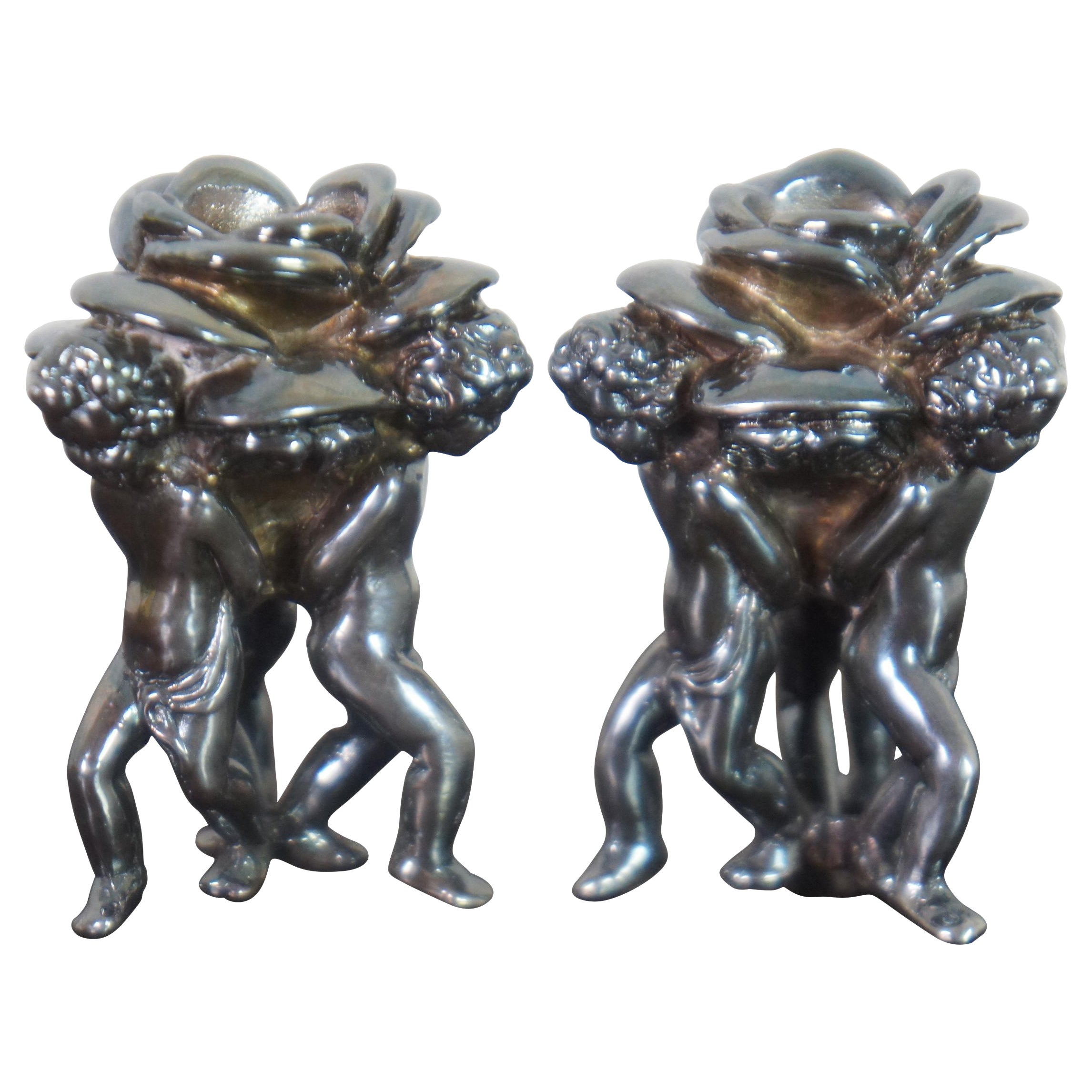 2 Vintage Sterling Silver 925 Cherub Angel Putti Rose Taper Candle Holders 2.5"