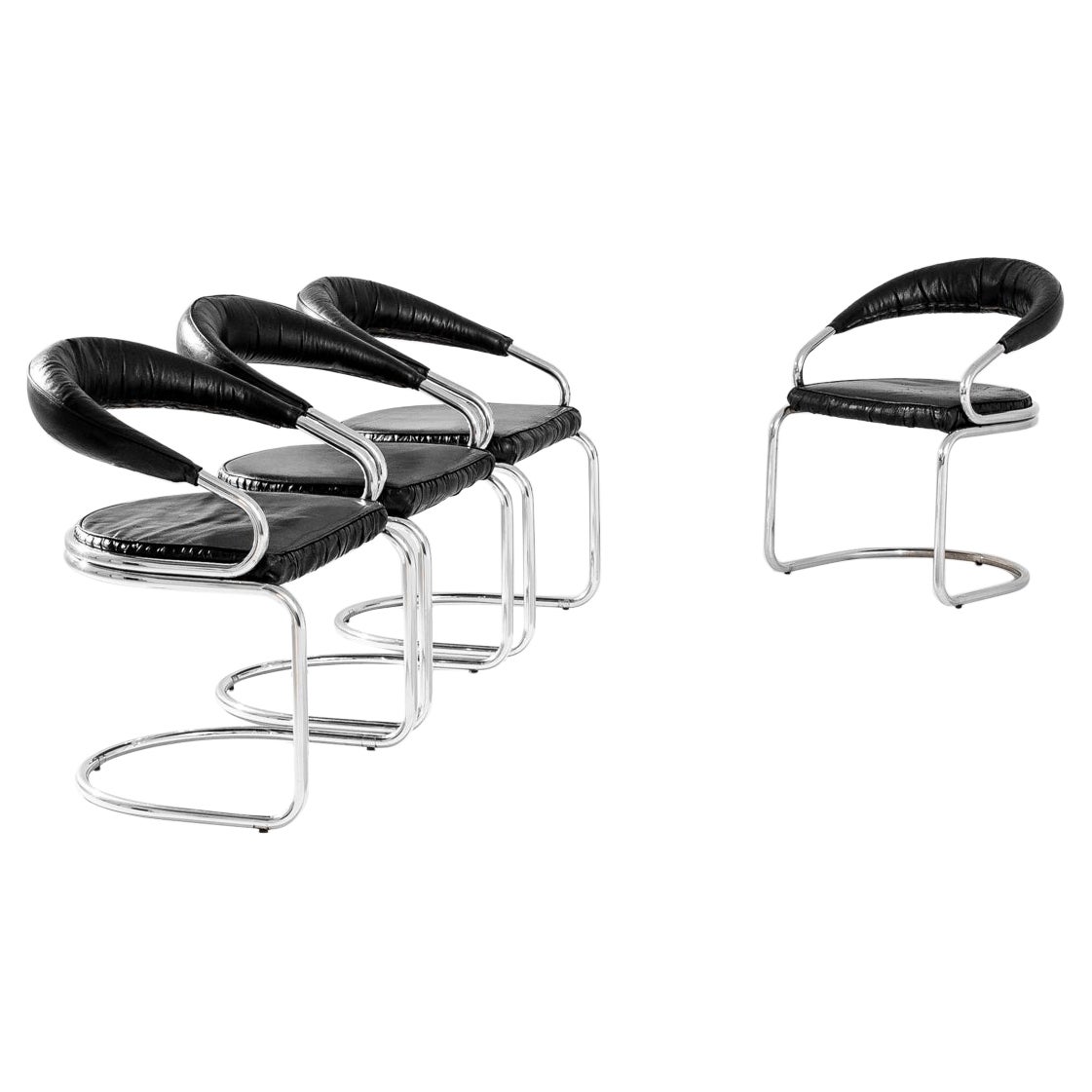 Set of Four Tubular Steel and Leather Dining Chairs by Matteo Grassi