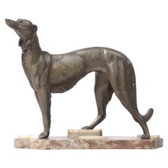 Antique French Art Deco Greyhound on Marble, ca 1920